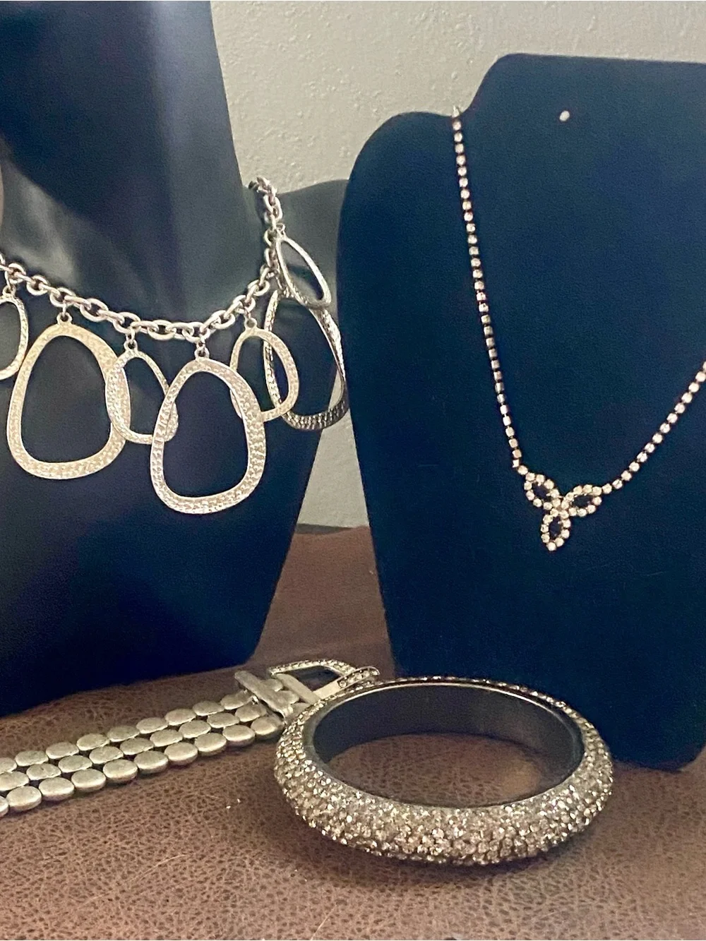 Vintage Silver Statement Necklace & Rhinestone Necklace, Buckle Bracelet